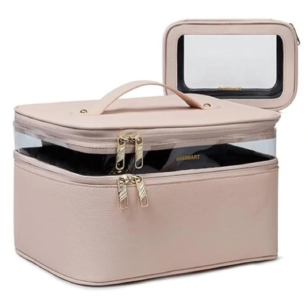 BAGSMART Pink Travel Makeup Bag Large Cosmetic Organizer TSA Case